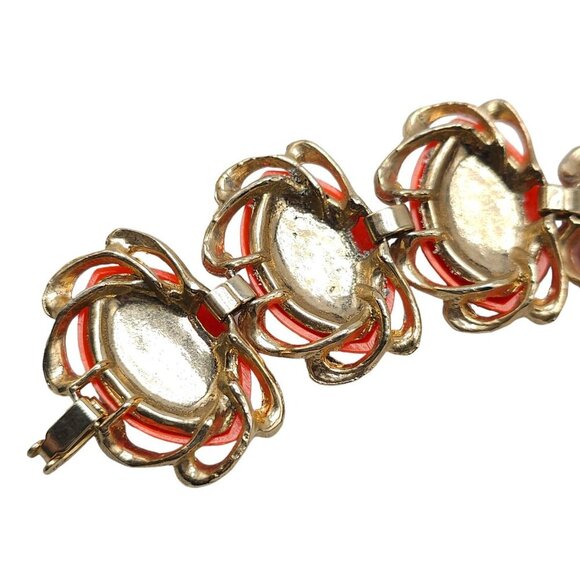 Orange Lucite Thermoset Flower Link Bangle Bracelet Gold Tone Vintage - Picture 6 of 8